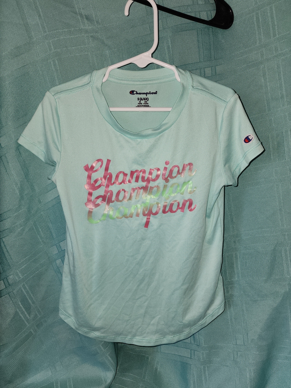 Champion Teal Short Sleeve Logo Tee with Multicolor Script S 6-6x